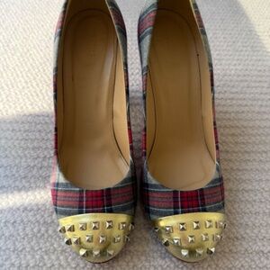 J Crew "Etta" Plaid Block Heels with Metal Studded Toes